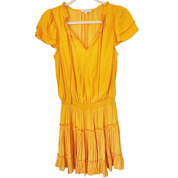 Skies Are Blue Satin Smocked Waist Ruffle Mini Dress Small Gold Cocktail Event - Picture 3 of 8